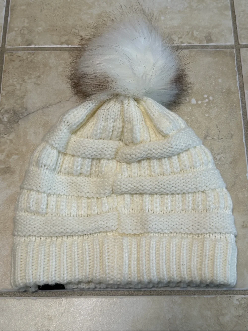 C.C Exclusives Women’s Knit Beanie Cream Faux Fur Pom Pom Winter Hat One Size
